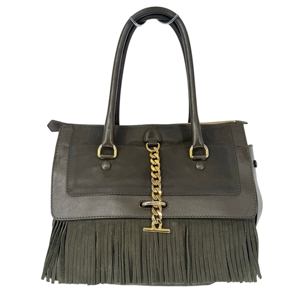 MOSCHINO Italian Leather & Suede Fringe Dark Green Shoulder Bag Crossbody Strap